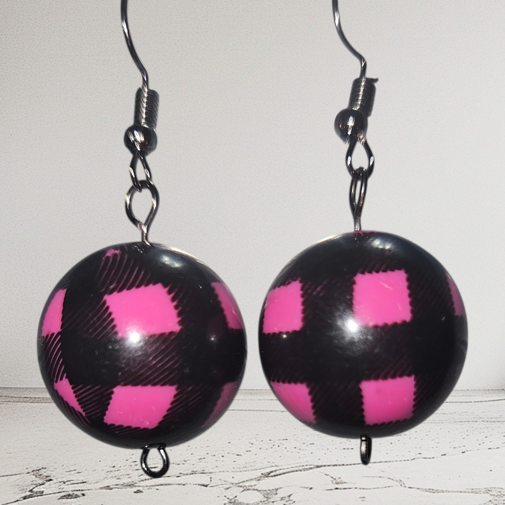 ⭐Handmade Pink & Black Plaid Bubblegum Earrings, Kids & Women's Dangle Jewelry